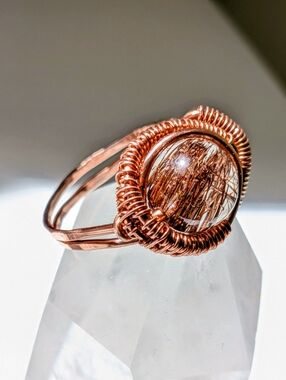 Rare Rutilated Quartz Gem Ring Solid Copper Wire Wrapped Unique Design